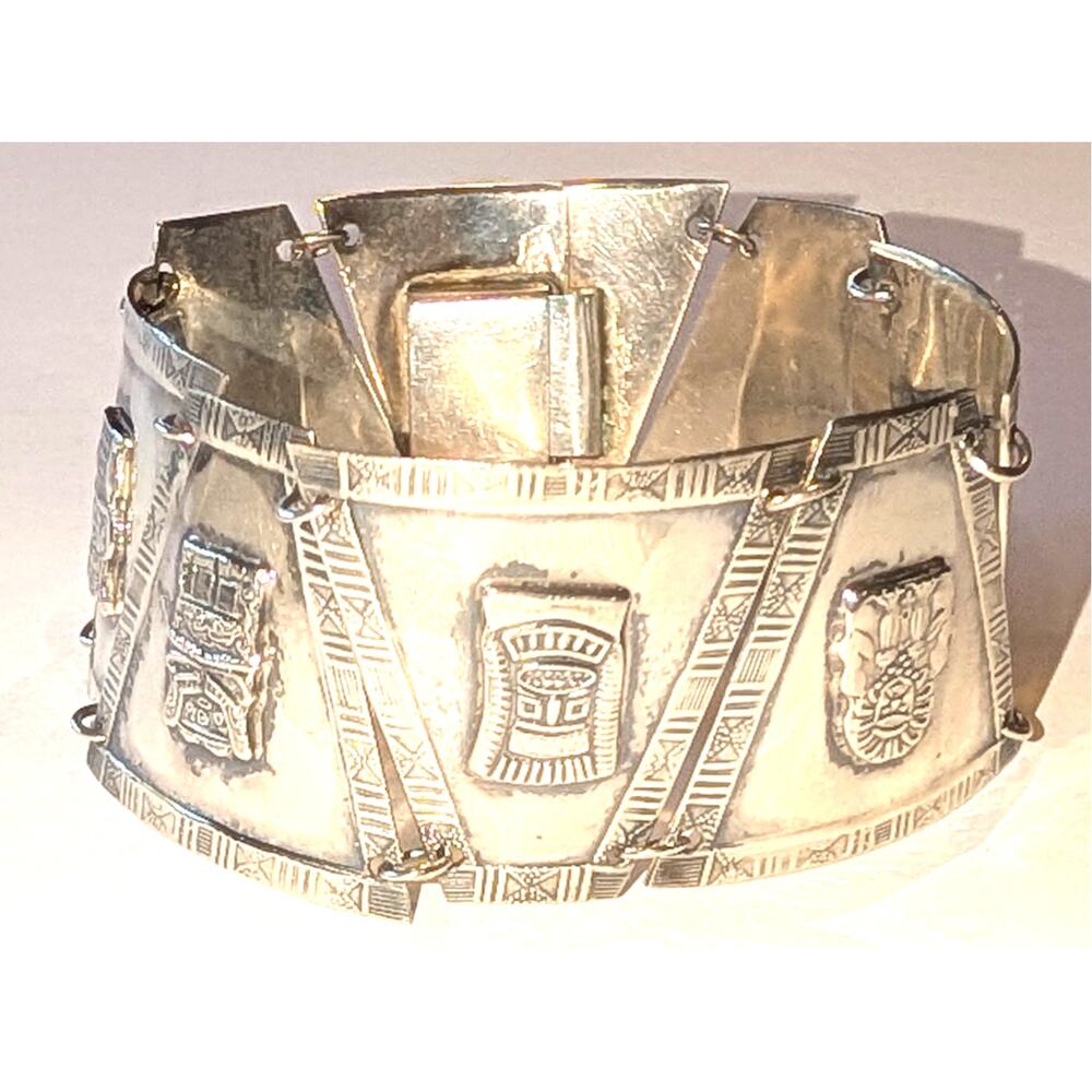 900 Fine Silver Peruvian Story Link Panel Bracelet 7.25 inches long - Picture 3 of 12